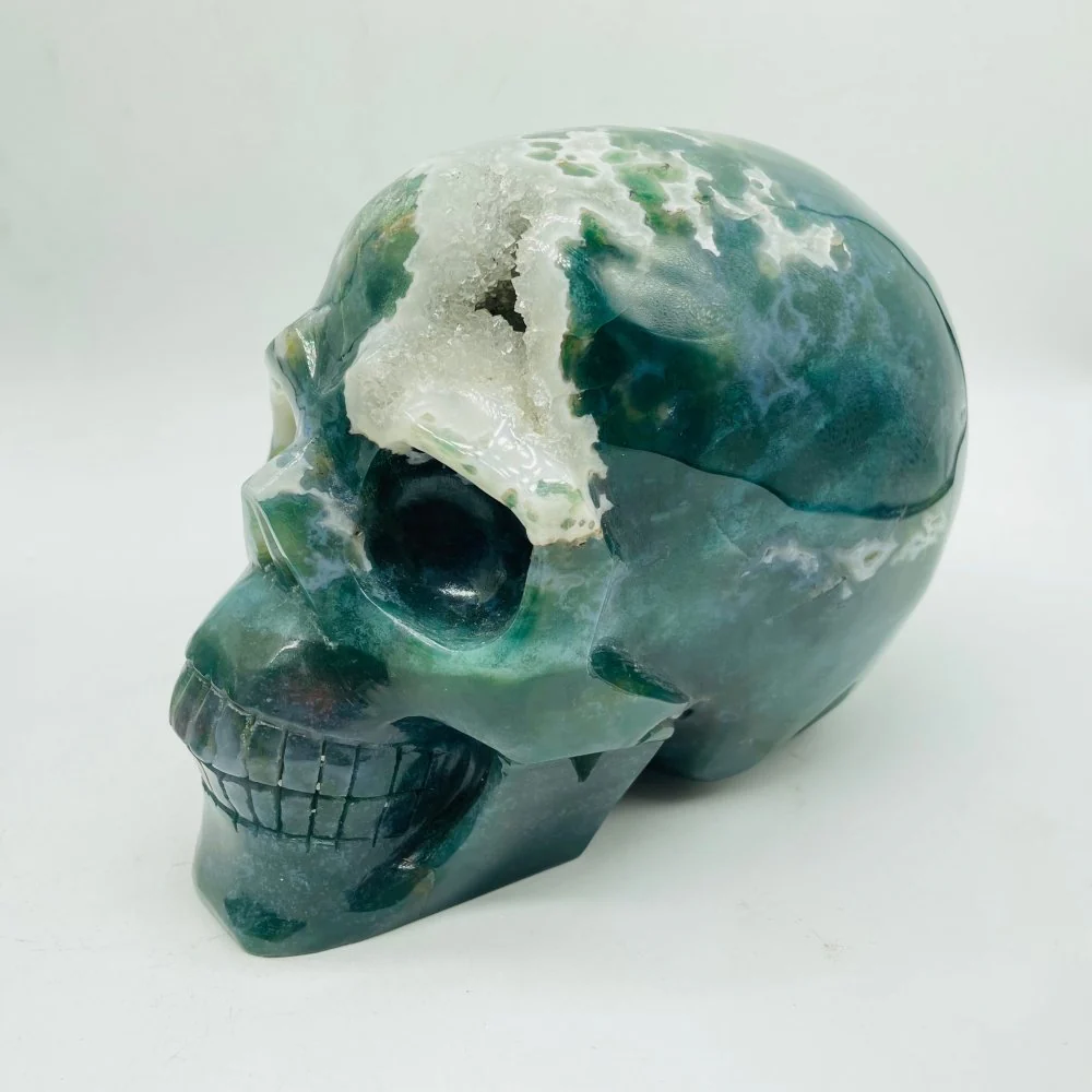 2 Pieces High Quality Large Druzy Moss Agate Skull Carving - Image 5