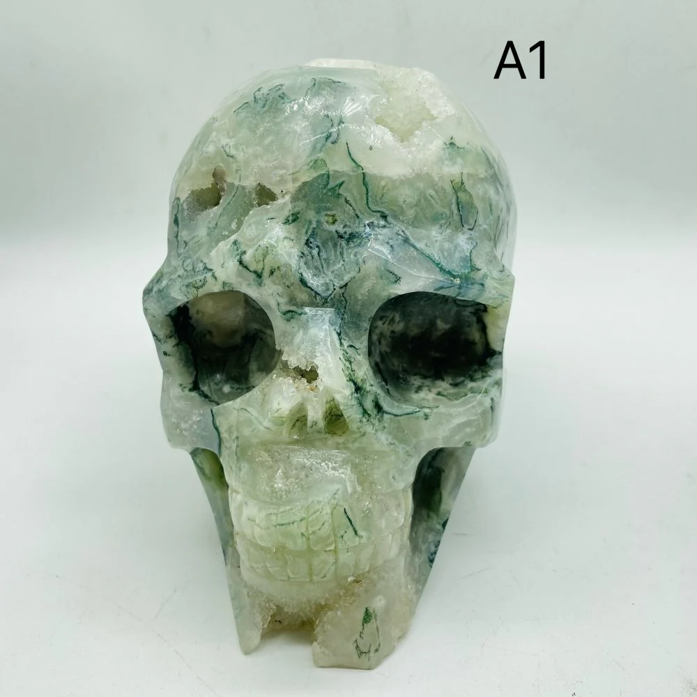 2 Pieces High Quality Large Druzy Moss Agate Skull Carving - Image 6