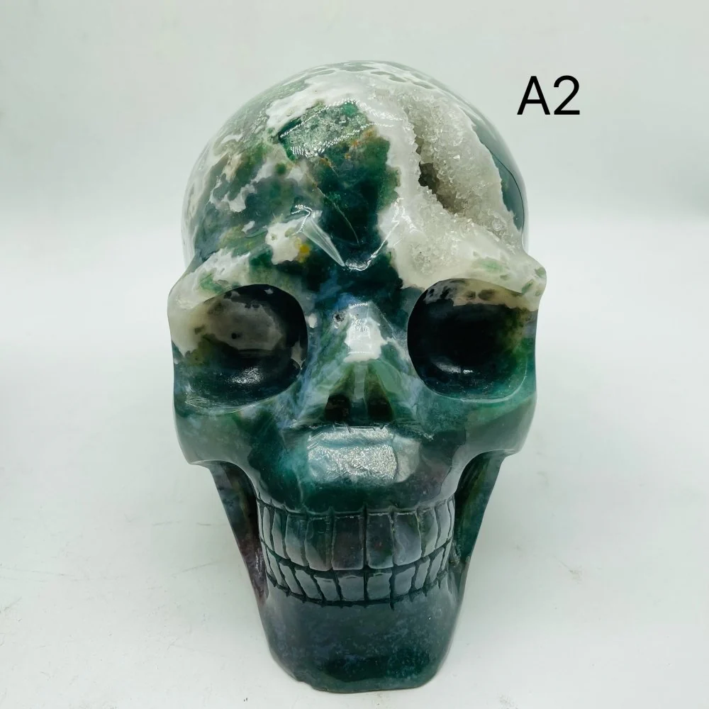 2 Pieces High Quality Large Druzy Moss Agate Skull Carving - Image 7