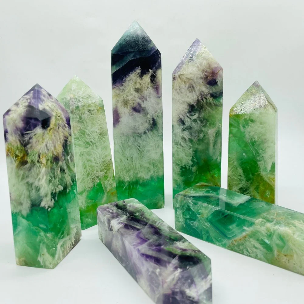 High Quality Large Feather Fluorite Four-Sided Tower Point Wholesale - Image 4