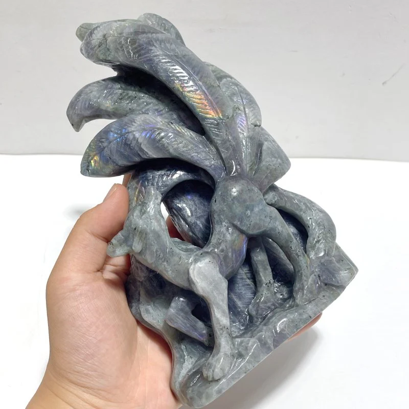 2 Pieces Labradorite Nine-tailed Fox Carving - Image 7
