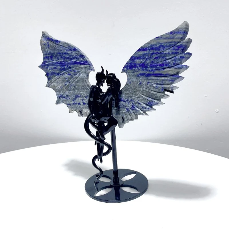 Lapis Lazuli Demon And Angel Wing Carving With Stand