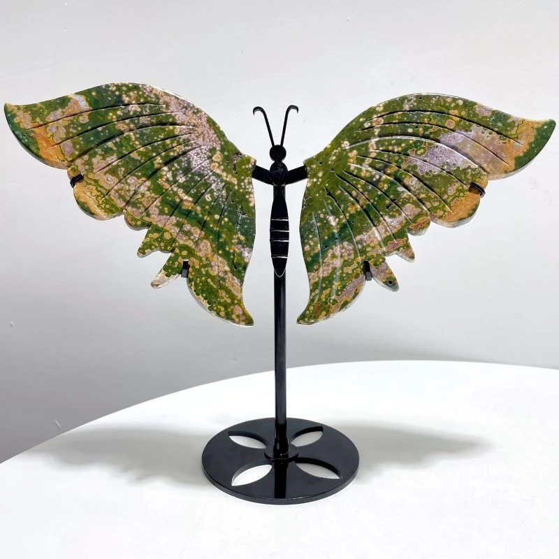 2 Pairs 8th Vein Ocean Jasper Butterfly Wing Carving With Stand - Image 2