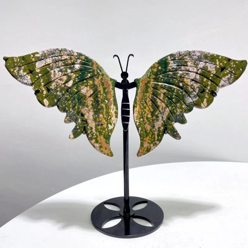 2 Pairs 8th Vein Ocean Jasper Butterfly Wing Carving With Stand - Image 4