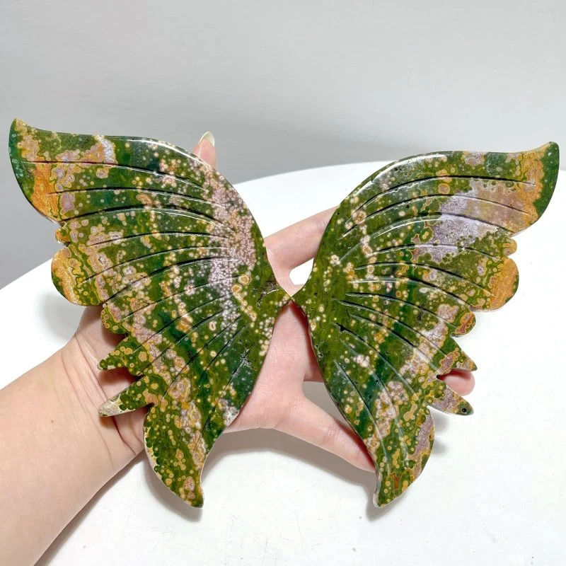 2 Pairs 8th Vein Ocean Jasper Butterfly Wing Carving With Stand - Image 5