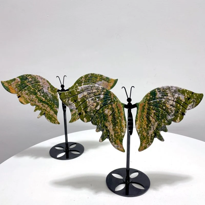 2 Pairs 8th Vein Ocean Jasper Butterfly Wing Carving With Stand - Image 7