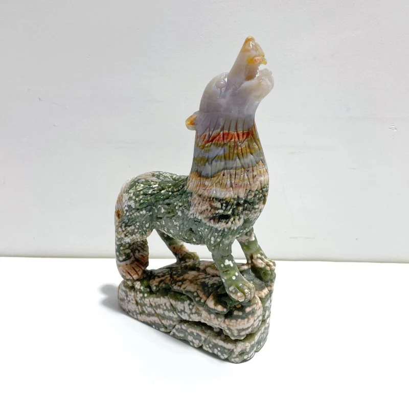 Large 8th Vein Ocean Jasper Wolf Carving - Image 2