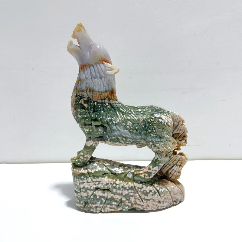 Large 8th Vein Ocean Jasper Wolf Carving - Image 3