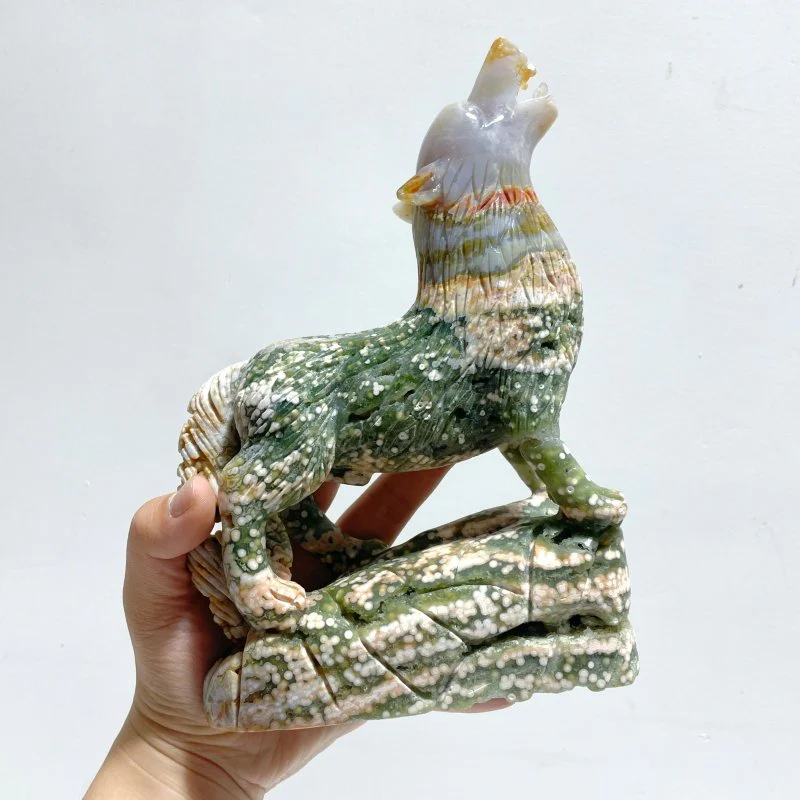 Large 8th Vein Ocean Jasper Wolf Carving - Image 5