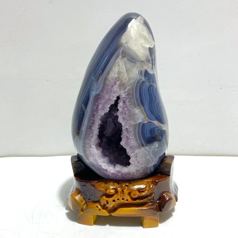 Large Amethyst Mixed Geode Agate Calcite Dinosaur Egg With Stand