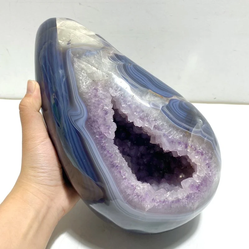 Large Amethyst Mixed Geode Agate Calcite Dinosaur Egg With Stand - Image 5