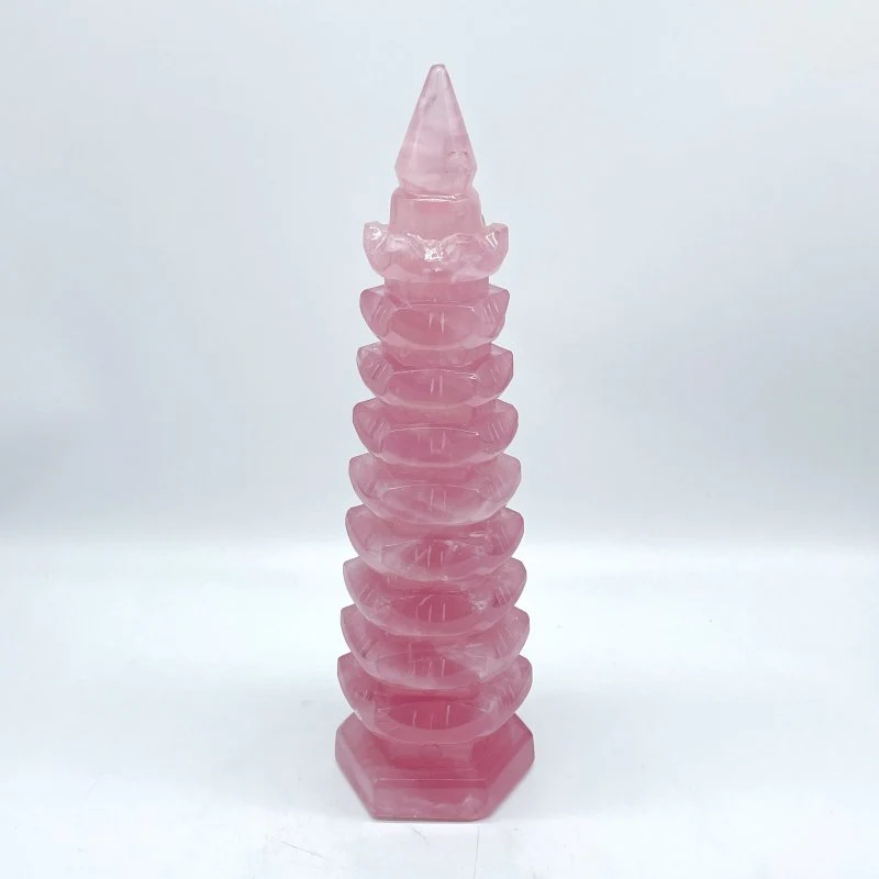 Large Beautiful Rose Quartz Wenchang Tower 9-level Pagoda
