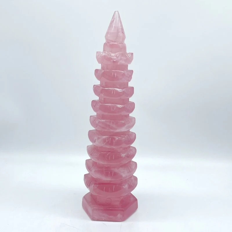 Large Beautiful Rose Quartz Wenchang Tower 9-level Pagoda - Image 2