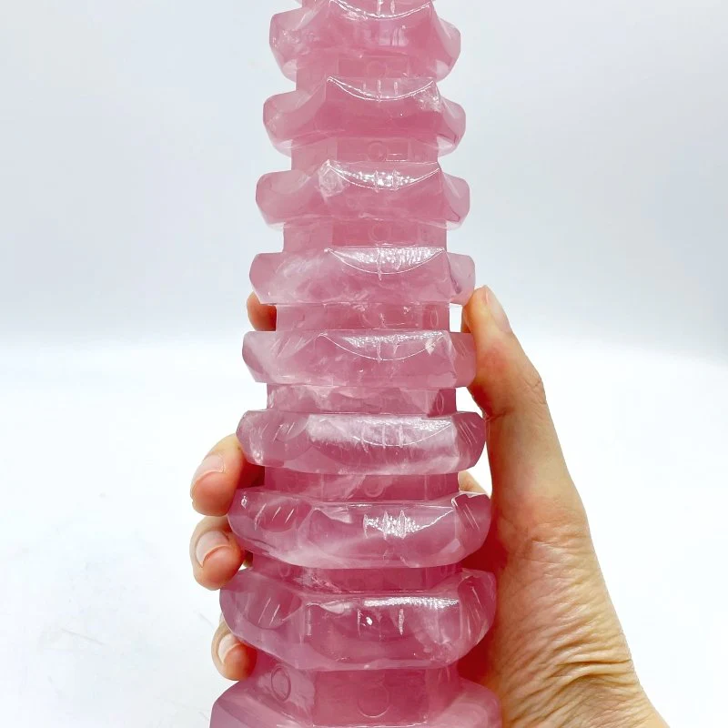 Large Beautiful Rose Quartz Wenchang Tower 9-level Pagoda - Image 4