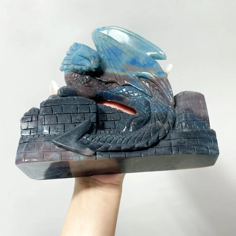 Large Beautiful Trolleite Flying Dragon With Castle Carving - Image 2
