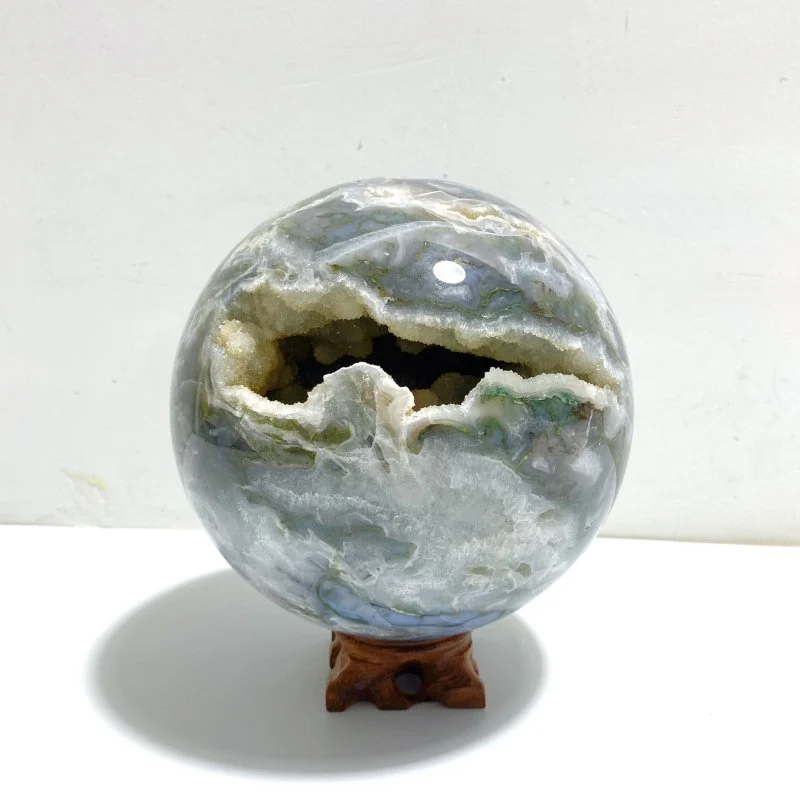 13CM Large Druzy Geode Moss Agate Beautiful Sphere