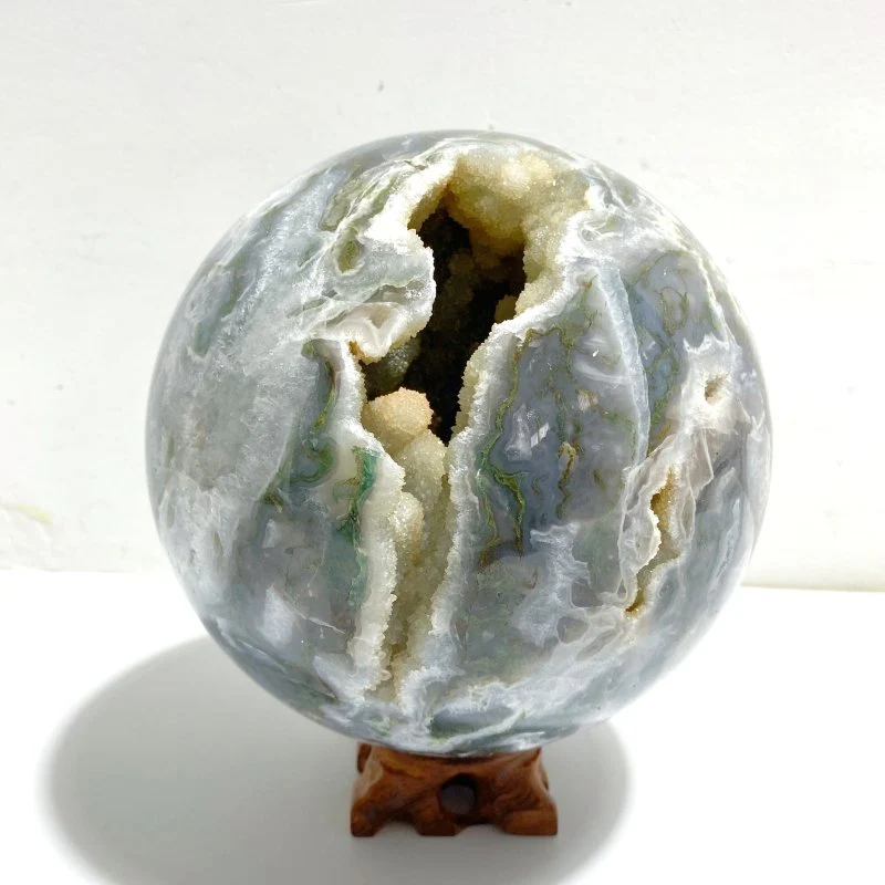 13CM Large Druzy Geode Moss Agate Beautiful Sphere - Image 2