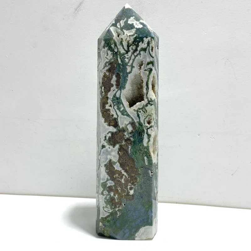 Large Druzy Moss Agate Geode Four-Sided Point