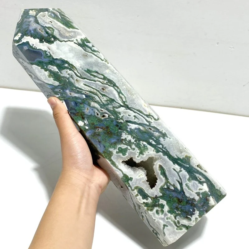 Large Druzy Moss Agate Geode Four-Sided Point - Image 5