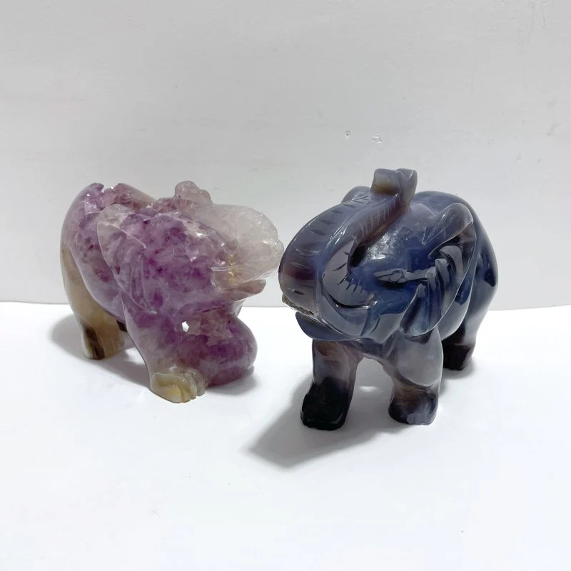 2 Pieces Large Geode Druzy Amethyst Mixed Agate Elephant Carving