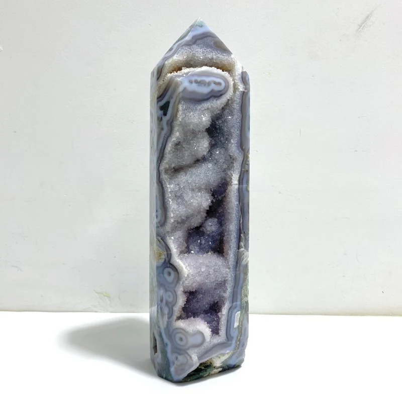 36.5CM Large Geode Druzy Moss Agate Four-sided Point
