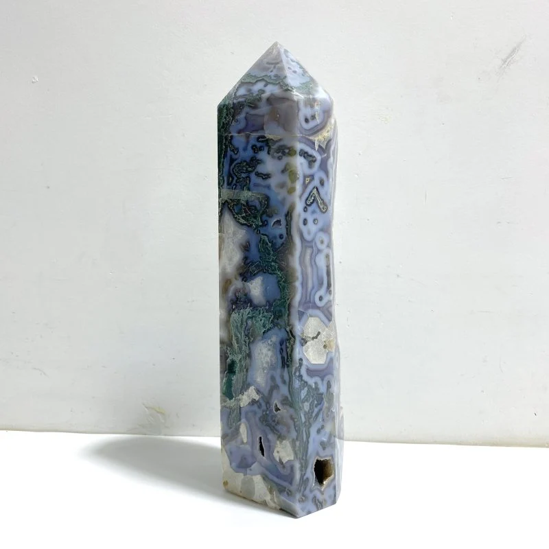 36.5CM Large Geode Druzy Moss Agate Four-sided Point - Image 3