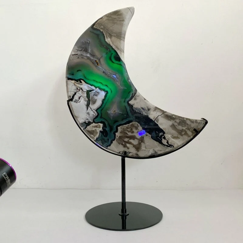 Large Geode Druzy Volcano Agate Moon Carving With Stand(UV-Reactive) #2 - Image 2