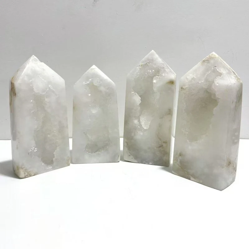 4 Pieces Large Geode Druzy White Moss Agate Four-sided Point