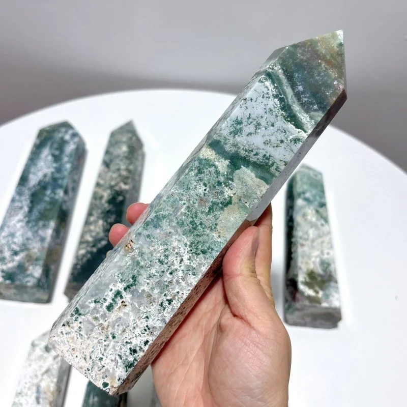 9 Pieces Large White Moss Agate Tower Points Closeout - Image 4
