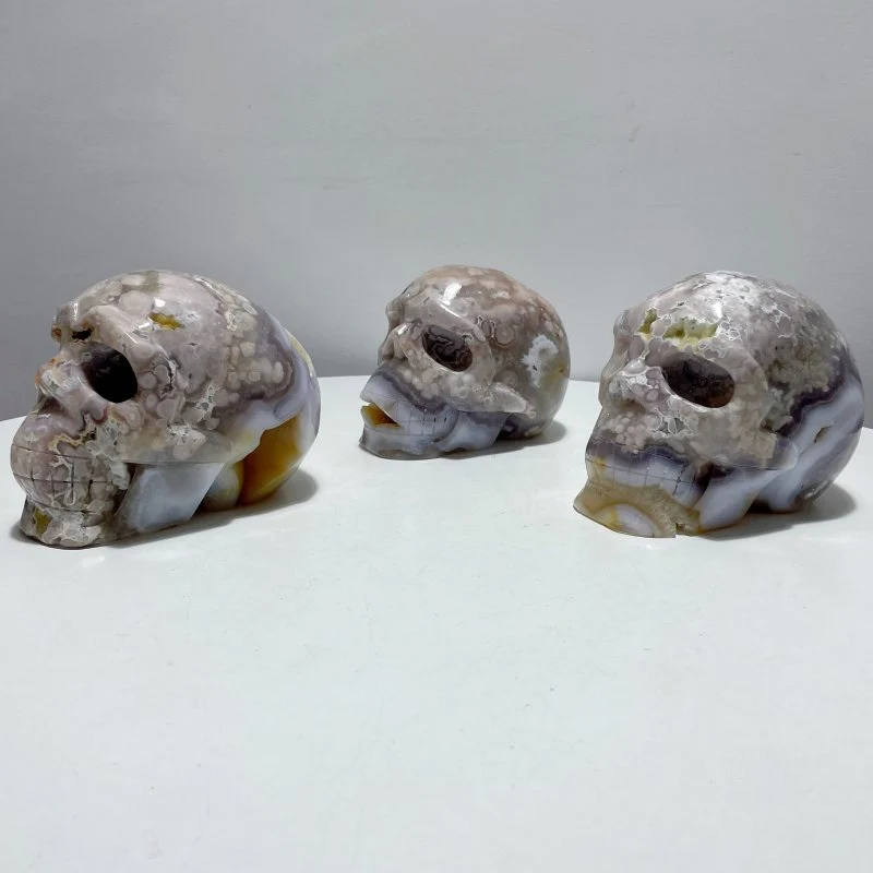 3 Pieces Large Geode Sakura Flower Agate Skull Carving