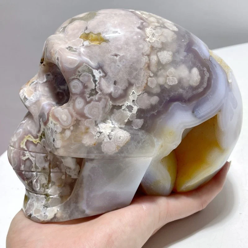 3 Pieces Large Geode Sakura Flower Agate Skull Carving - Image 2