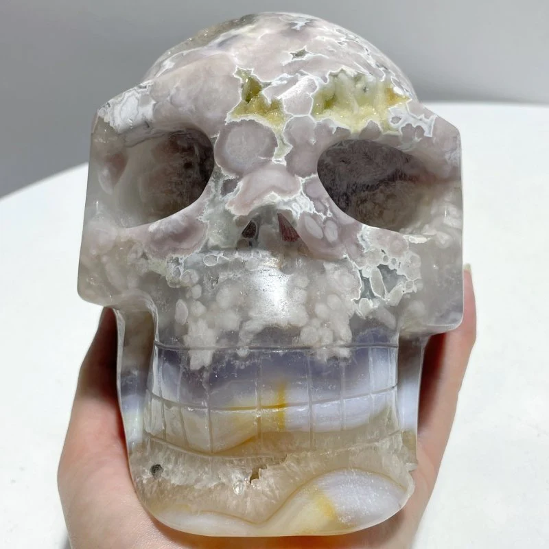 3 Pieces Large Geode Sakura Flower Agate Skull Carving - Image 3