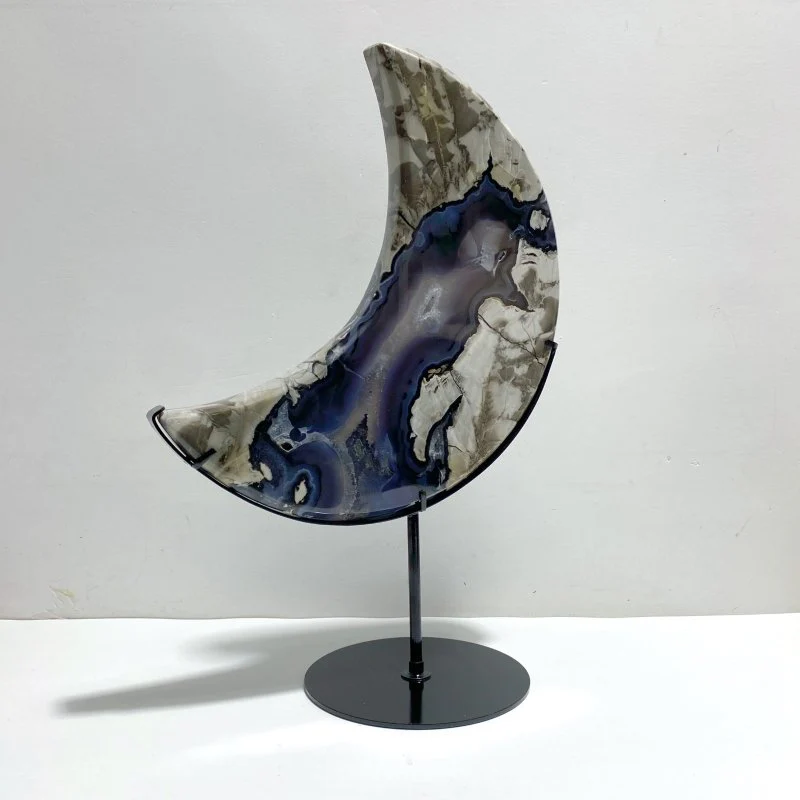 Large Geode Volcano Agate Moon Carving With Stand(UV-Reactive) #1 - Image 2