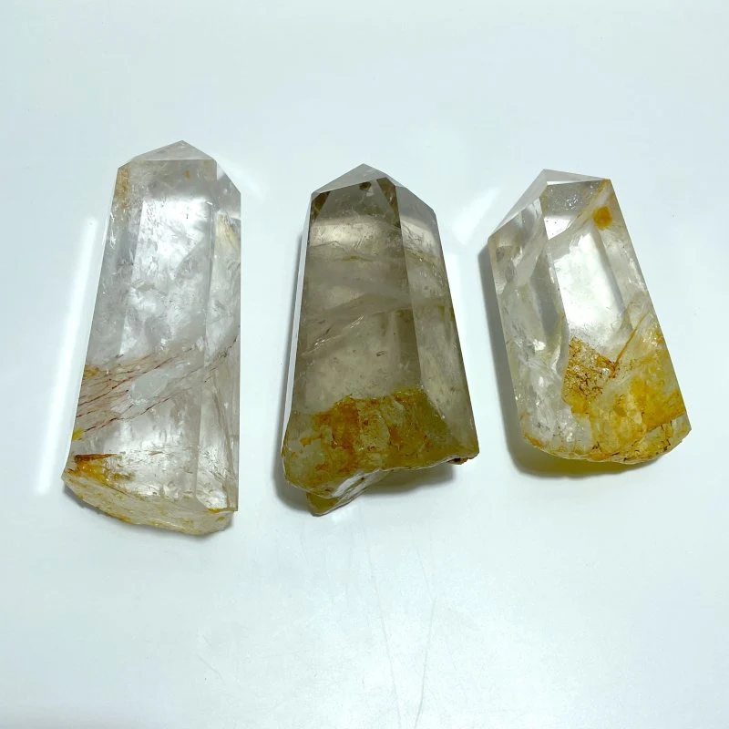 3 Pieces Large Golden Hematoid Quartz Crystal Point Raw Bottom With Rainbow