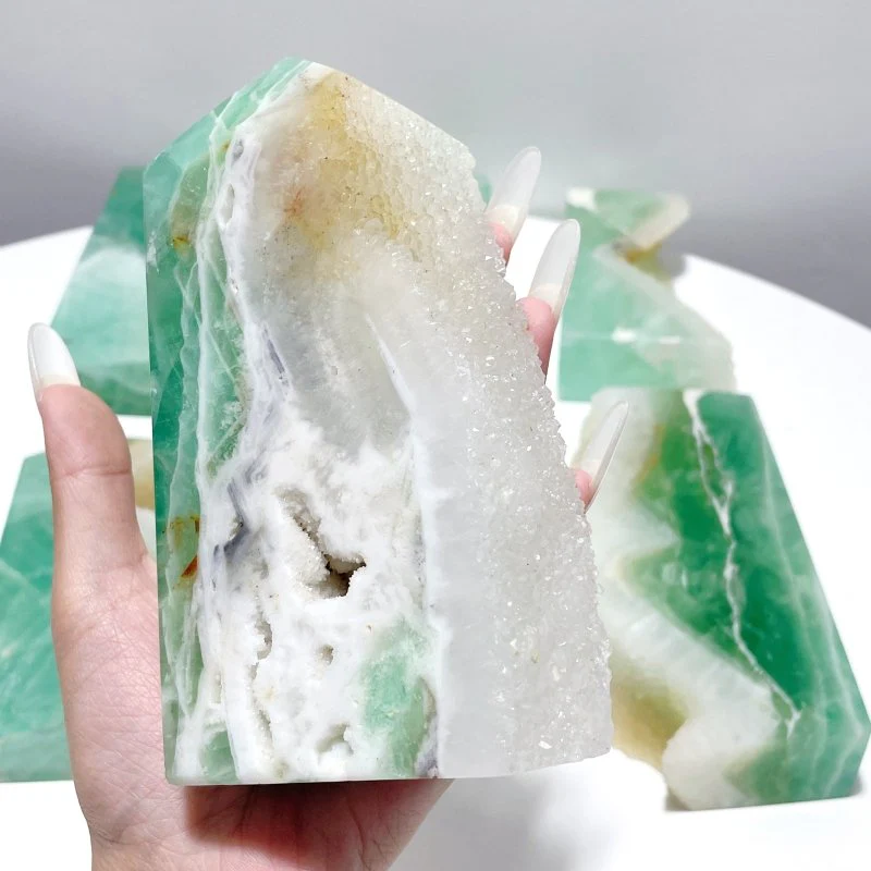 6 Pieces Large Green Fluorite Druzy Geode Tower Points - Image 2