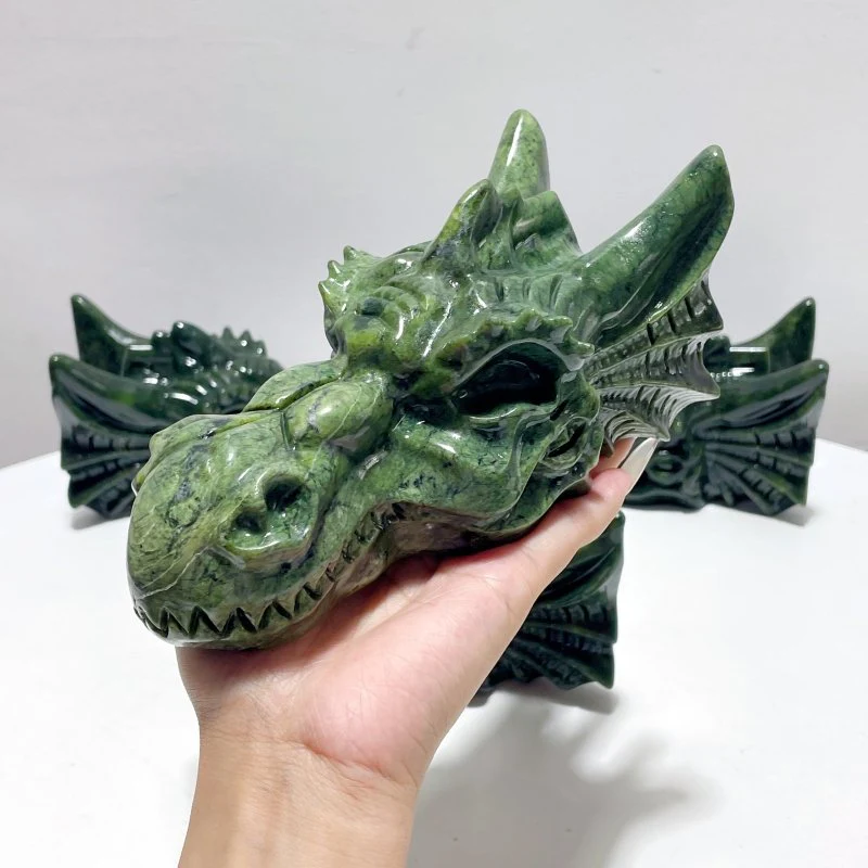 Large Green Jade Serpentine Dragon Head Carving Wholesale - Image 3