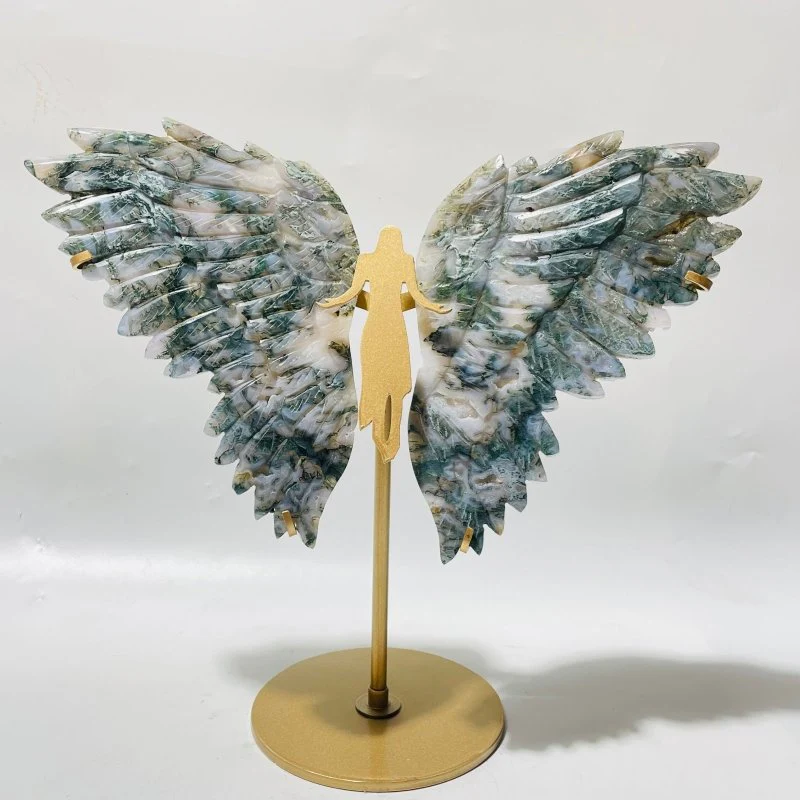 2 Pairs Large Moss Agate Angel Symmetry Wing Carving With Stand - Image 2