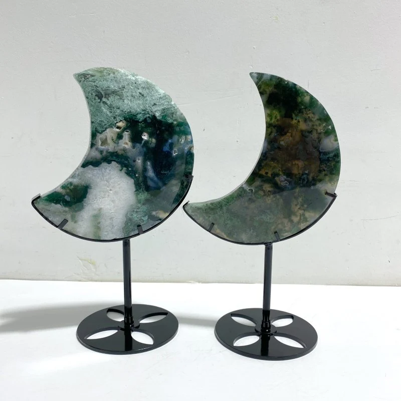 2 Pieces Large Moss Agate Moon Carving With Stand