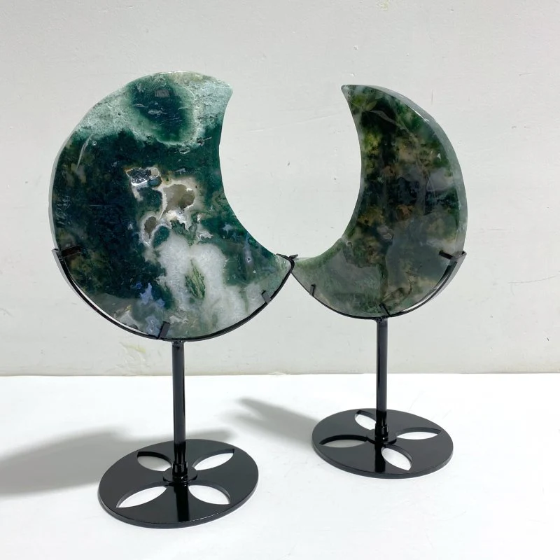 2 Pieces Large Moss Agate Moon Carving With Stand - Image 2