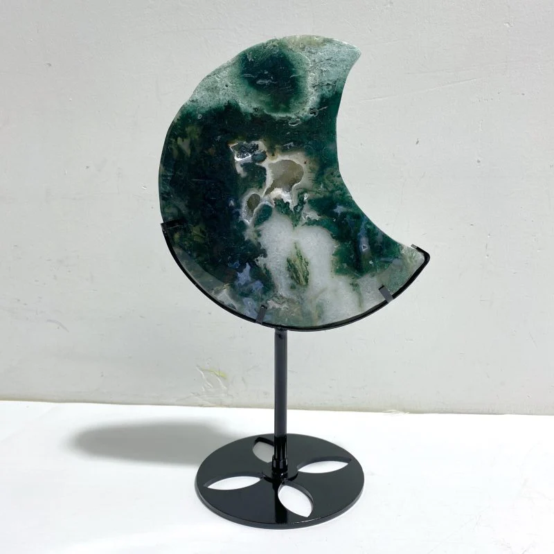 2 Pieces Large Moss Agate Moon Carving With Stand - Image 3