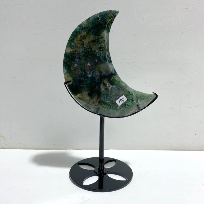 2 Pieces Large Moss Agate Moon Carving With Stand - Image 4
