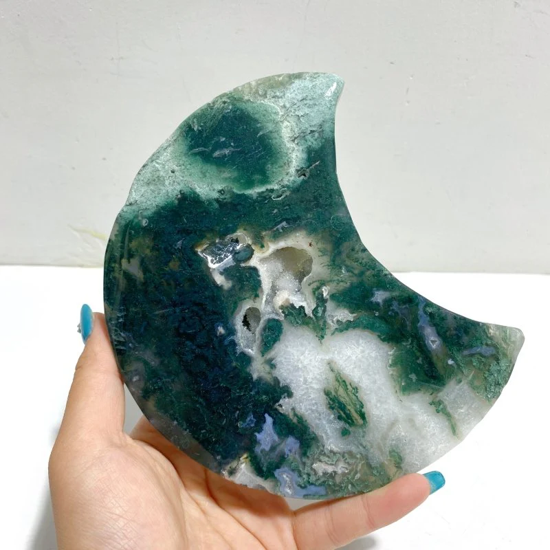 2 Pieces Large Moss Agate Moon Carving With Stand - Image 5