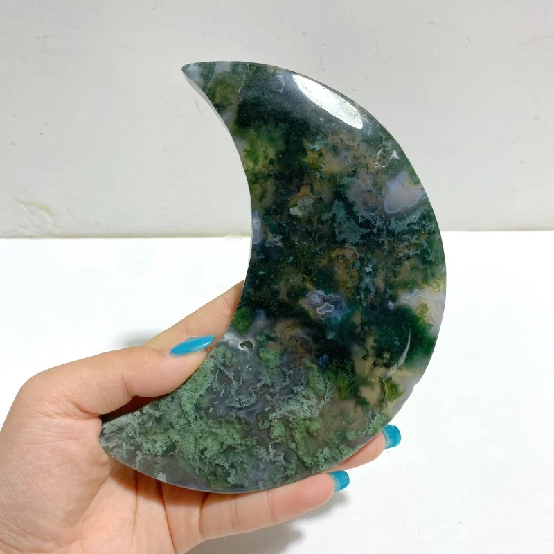 2 Pieces Large Moss Agate Moon Carving With Stand - Image 6