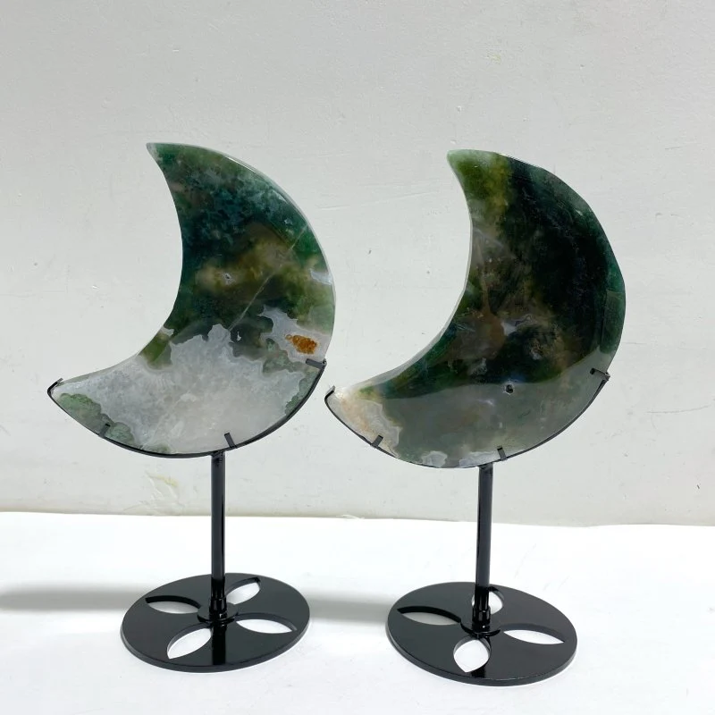 2 Pieces Large Moss Agate Moon With Stand #3