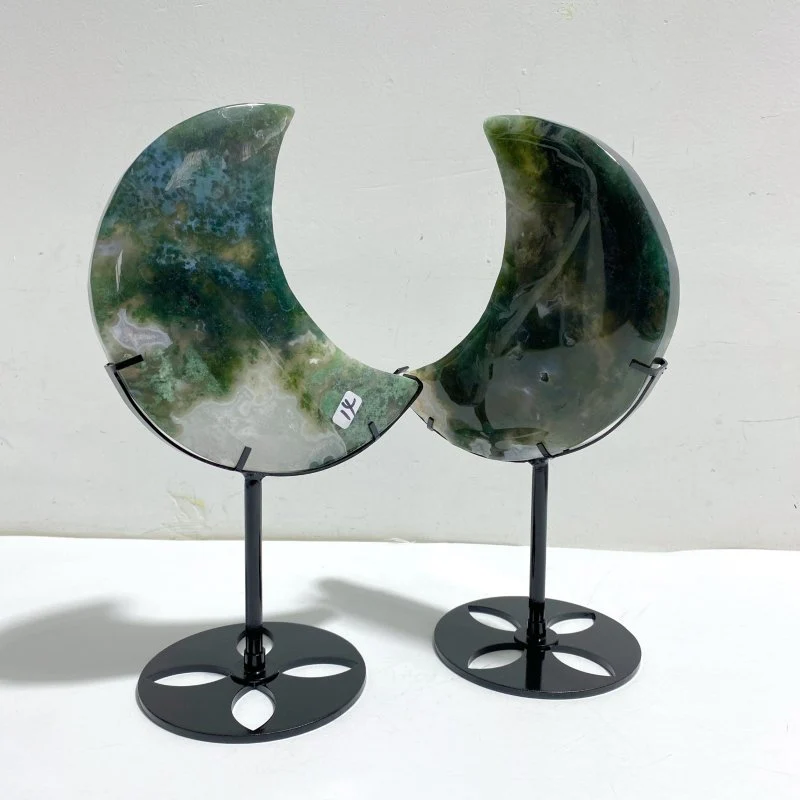 2 Pieces Large Moss Agate Moon With Stand #3 - Image 2