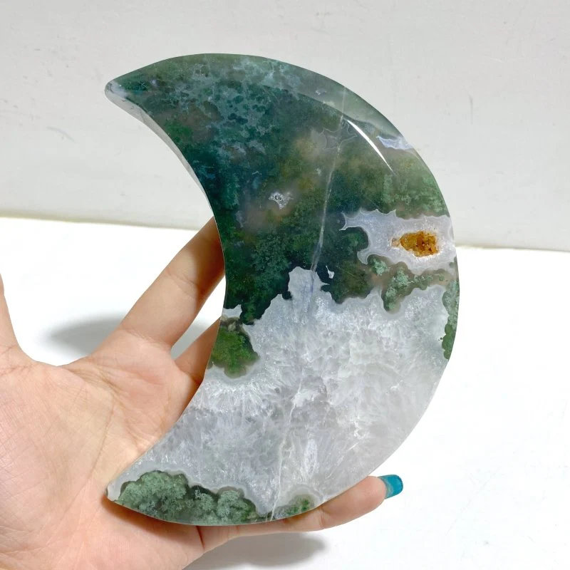 2 Pieces Large Moss Agate Moon With Stand #3 - Image 5