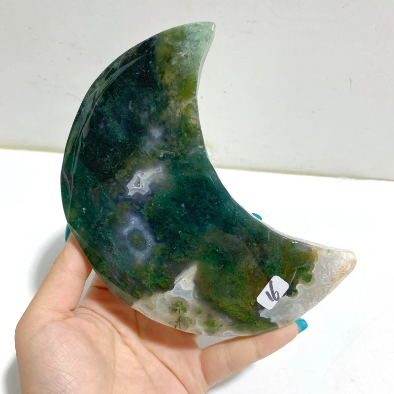 2 Pieces Large Moss Agate Moon With Stand #3 - Image 6