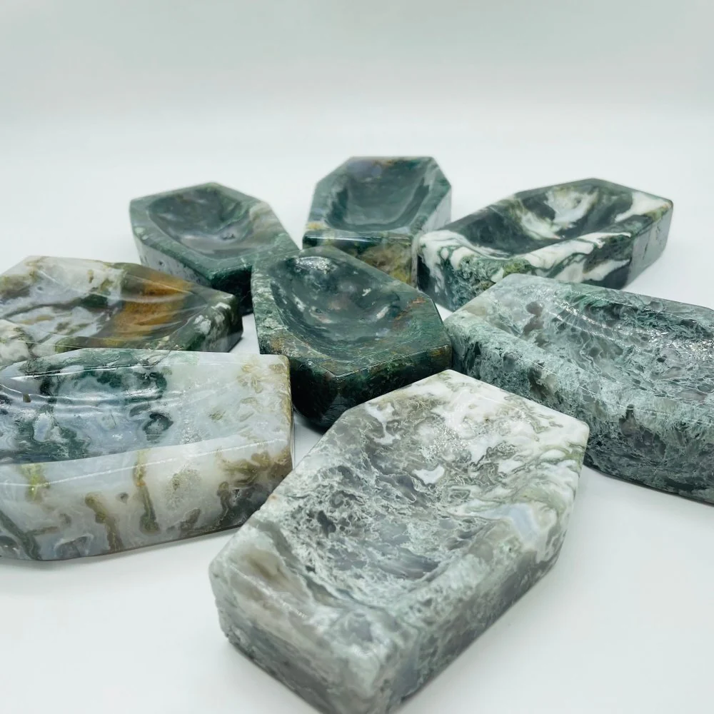 Large Moss Agate Shallow Bowl Coffin Wholesale - Image 4