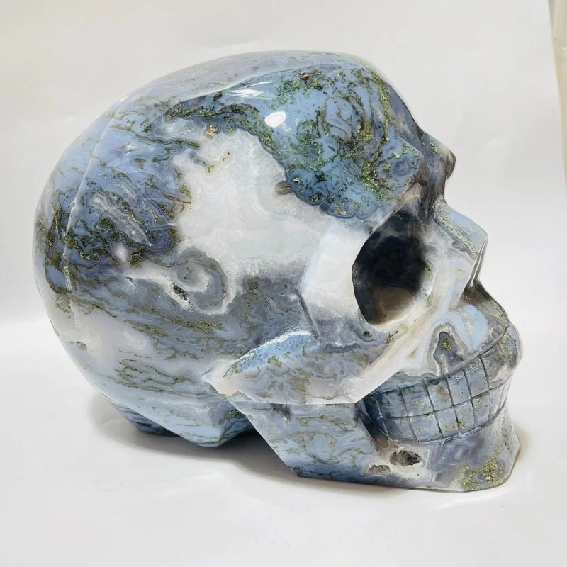 Large Geode Druzy Moss Agate Skull Carving - Image 2