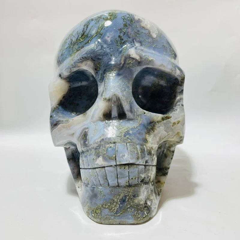 Large Geode Druzy Moss Agate Skull Carving - Image 3